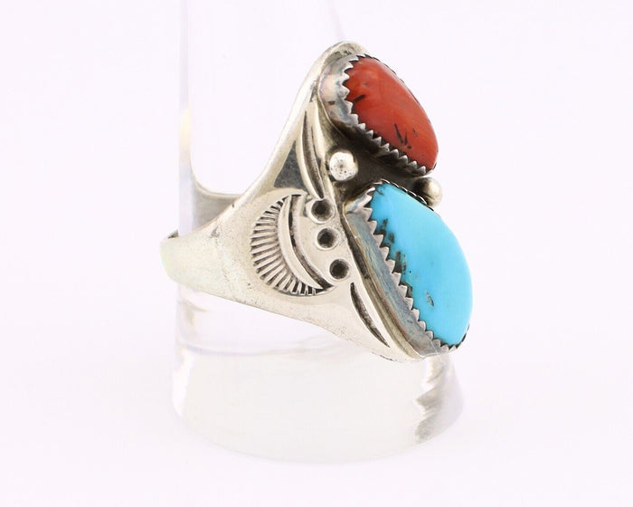 Navajo Ring 925 Silver Sleeping Beauty Turquoise & Coral Native Artist C.80s
