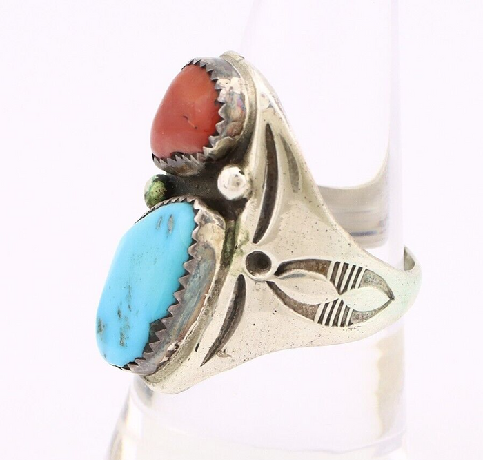 Navajo Ring 925 Silver Sleeping Beauty Turquoise & Coral Native Artist C.80s