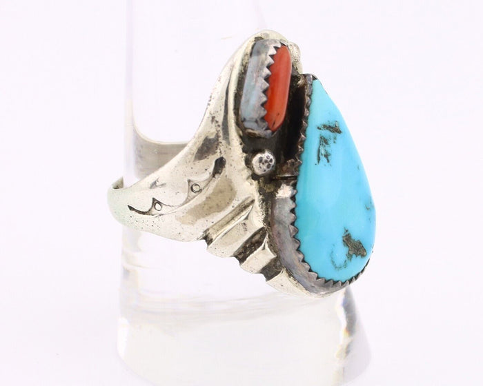 Navajo Ring 925 Silver Sleeping Beauty Turquoise & Coral Native Artist C.80s
