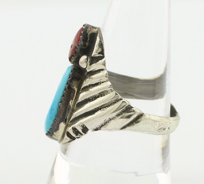Navajo Ring 925 Silver Sleeping Beauty Turquoise & Coral Native Artist C.80s