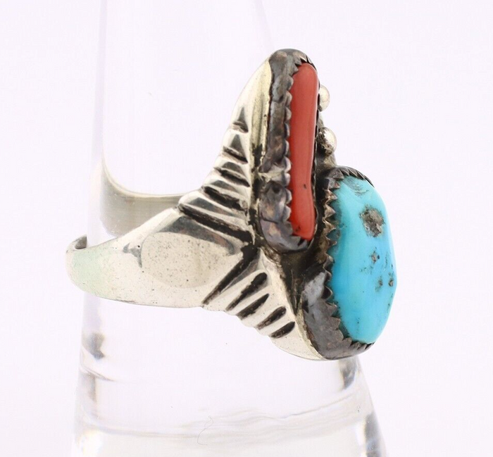 Navajo Ring 925 Silver Sleeping Beauty Turquoise & Coral Native Artist C.80s
