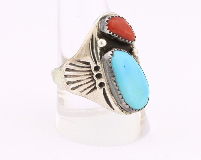Navajo Ring 925 Silver Sleeping Beauty Turquoise & Coral Native Artist C.80s