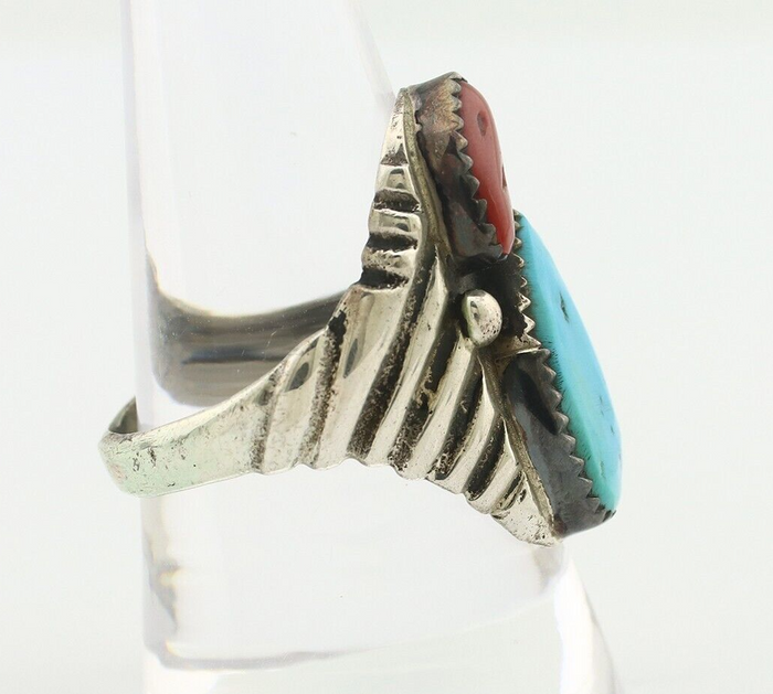Navajo Ring 925 Silver Sleeping Beauty Turquoise & Coral Native Artist C.80s