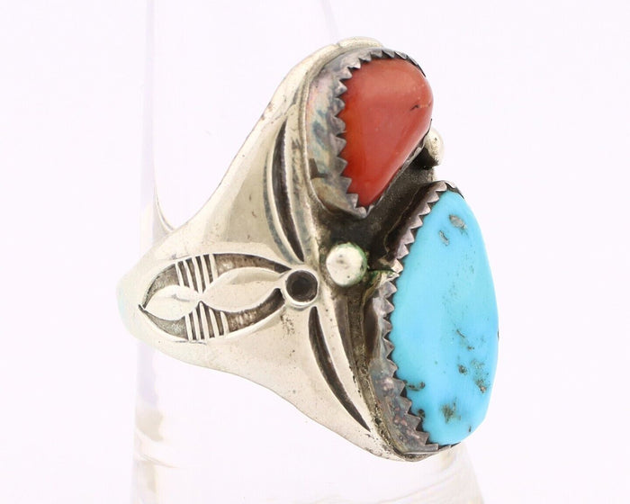 Navajo Ring 925 Silver Sleeping Beauty Turquoise & Coral Native Artist C.80s
