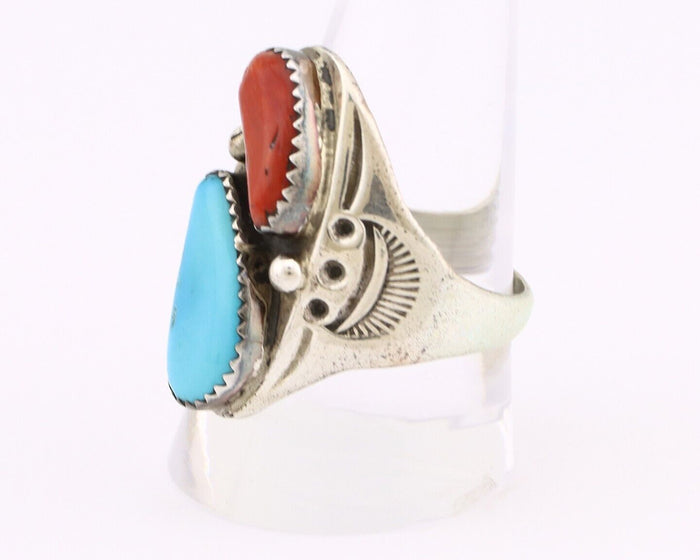 Navajo Ring 925 Silver Sleeping Beauty Turquoise & Coral Native Artist C.80s