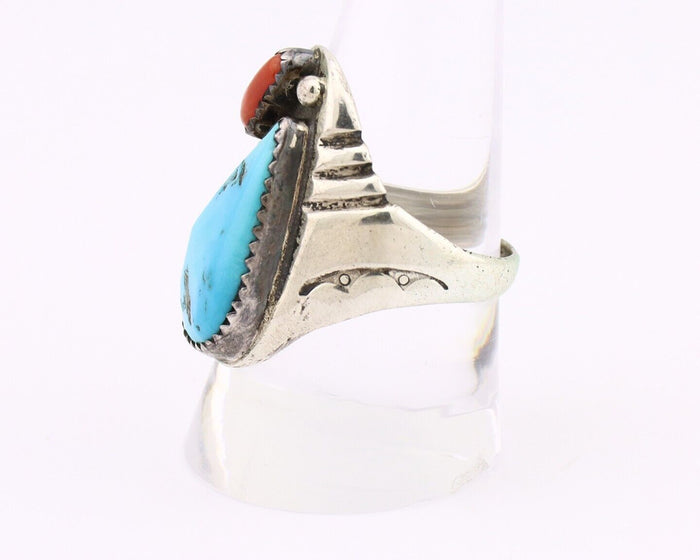 Navajo Ring 925 Silver Sleeping Beauty Turquoise & Coral Native Artist C.80s