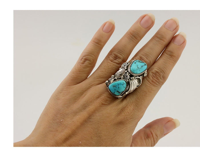 Navajo Ring 925 Silver Sleeping Beauty Turquoise Native American Artist C.80's