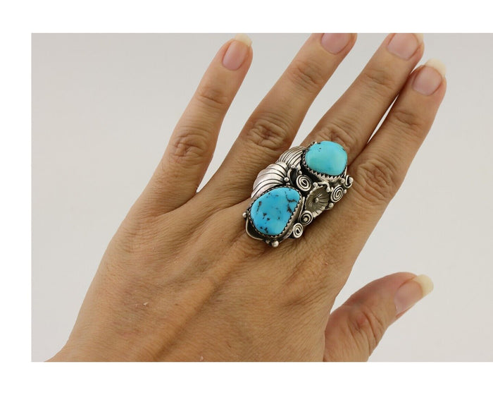 Navajo Ring 925 Silver Sleeping Beauty Turquoise Native American Artist C.80's