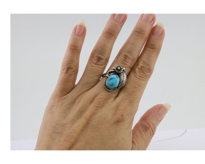 Navajo Ring 925 Silver Sleeping Beauty Turquoise Native American Artist C.80's