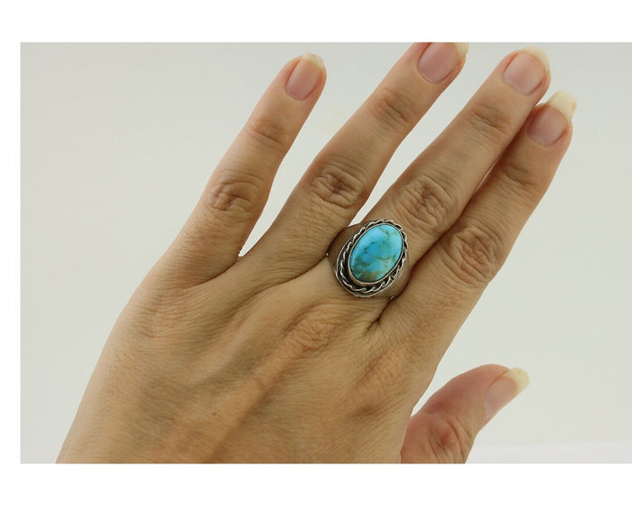 Navajo Ring 925 Silver Sleeping Beauty Turquoise Native Artist C.80's