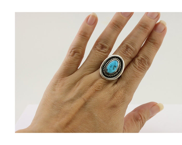 Navajo Ring 925 Silver Sleeping Beauty Turquoise Native Artist C.80's