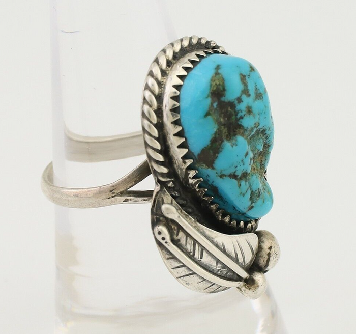 Navajo Ring 925 Silver Sleeping Beauty Turquoise Native Artist SC C.80's