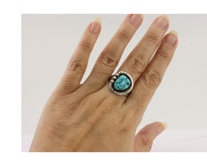Navajo Ring 925 Silver Sleeping Beauty Turquoise Signed IROYBAI C.80's