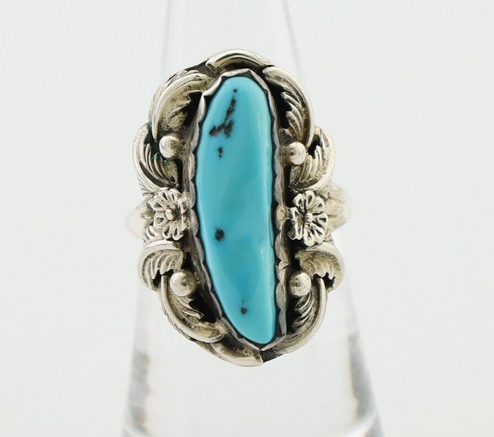 Navajo Ring 925 Silver Sleeping Beauty Turquoise Signed JJM C.80's