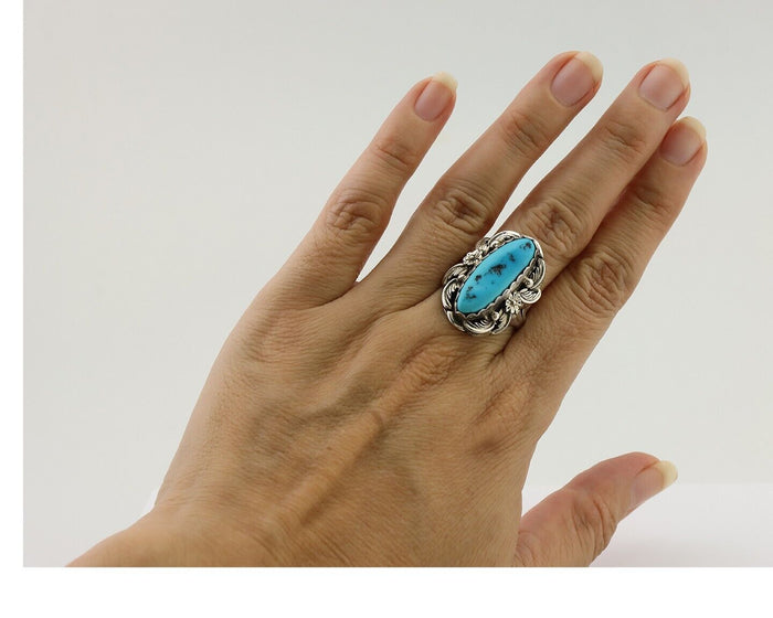 Navajo Ring 925 Silver Sleeping Beauty Turquoise Signed JJM C.80's