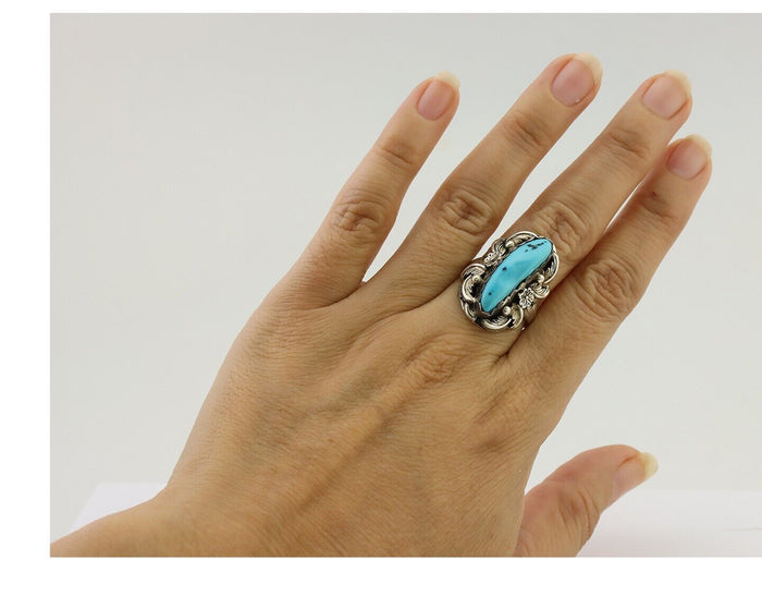 Navajo Ring 925 Silver Sleeping Beauty Turquoise Signed JJM C.80's