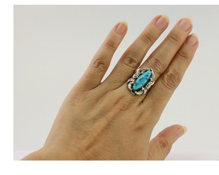 Navajo Ring 925 Silver Sleeping Beauty Turquoise Signed JJM C.80's