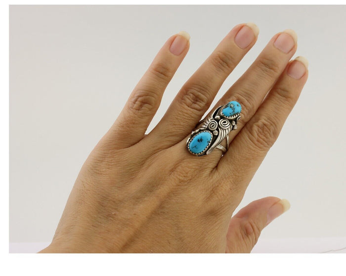 Navajo Ring 925 Silver Sleeping Beauty Turquoise Signed Joe Charlie C.80's