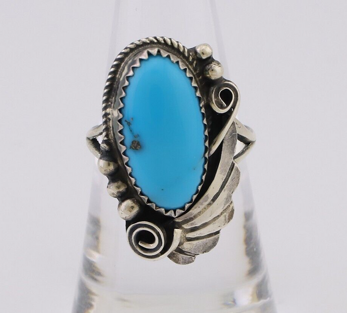 Navajo Ring 925 Silver Sleeping Beauty Turquoise Signed Justin Morris C.80's