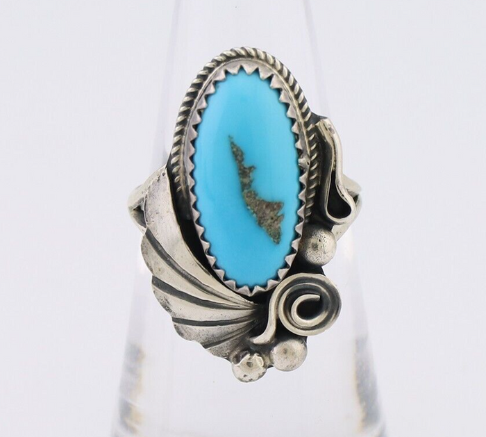 Navajo Ring 925 Silver Sleeping Beauty Turquoise Signed Justin Morris C.80's