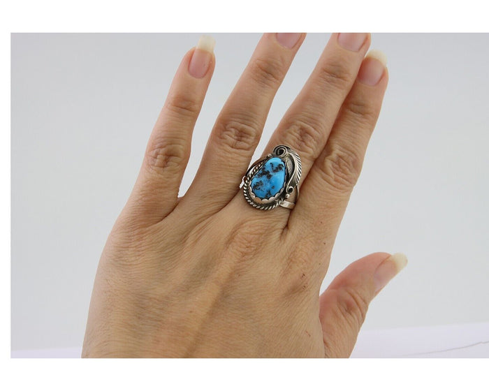 Navajo Ring 925 Silver Sleeping Beauty Turquoise Signed Justin Morris C.80's