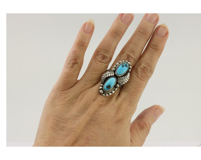 Navajo Ring 925 Silver Sleeping Beauty Turquoise Signed Sharon Cisco C.80's
