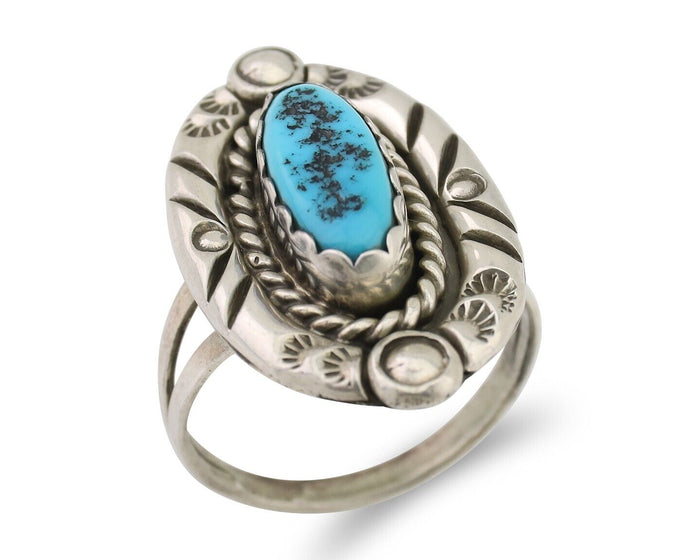 Navajo Ring 925 Silver Sleeping Beauty Turquoise Signed V & N EDSITTY C.80's