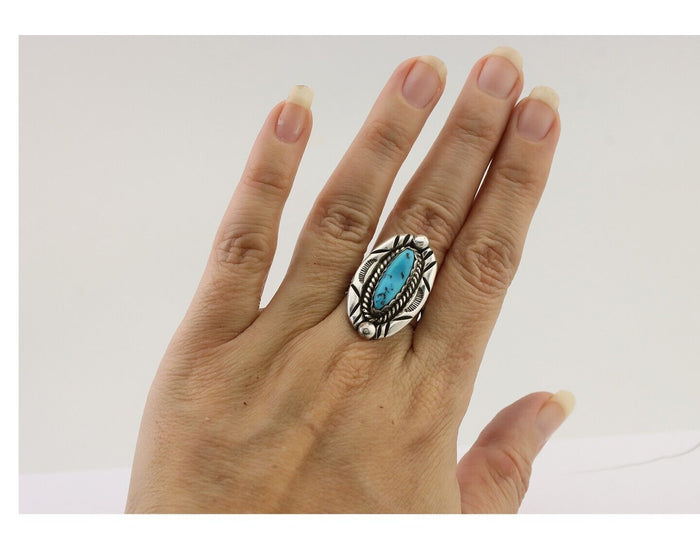 Navajo Ring 925 Silver Sleeping Beauty Turquoise Signed V & N EDSITTY C.80's