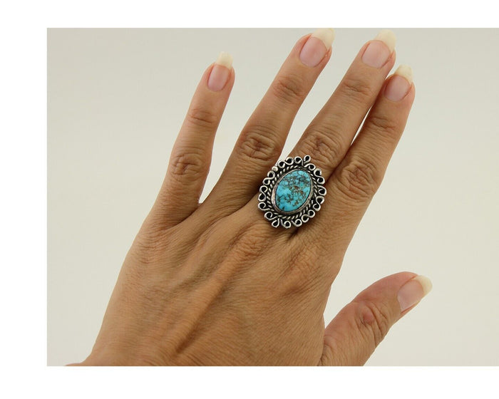 Navajo Ring 925 Silver Spiderweb Turquoise Artist Siged Jerry Johnson C.80's