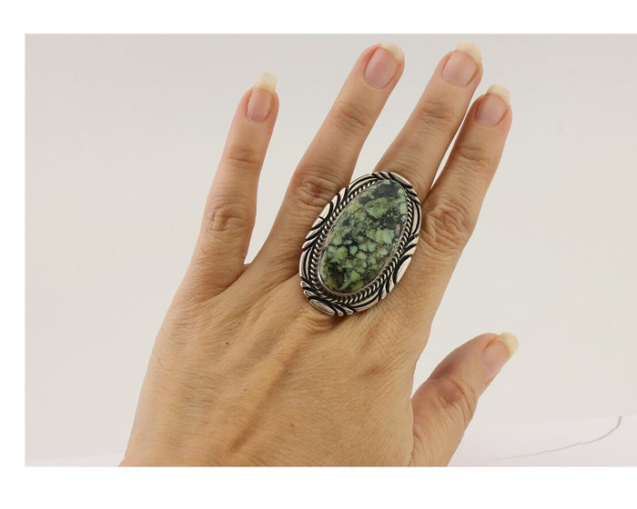 Navajo Ring 925 Silver Spiderweb Turquoise Artist Signed Big T C.80's