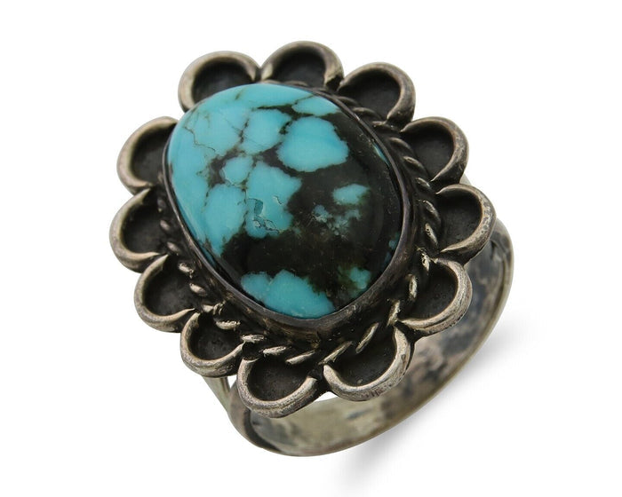 Navajo Ring .925 Silver Spiderweb Turquoise Artist Signed JT C.80's