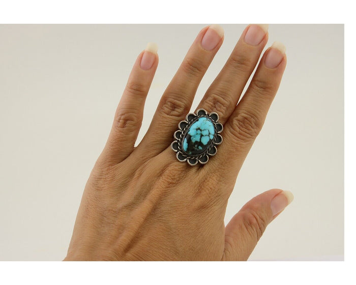 Navajo Ring .925 Silver Spiderweb Turquoise Artist Signed JT C.80's