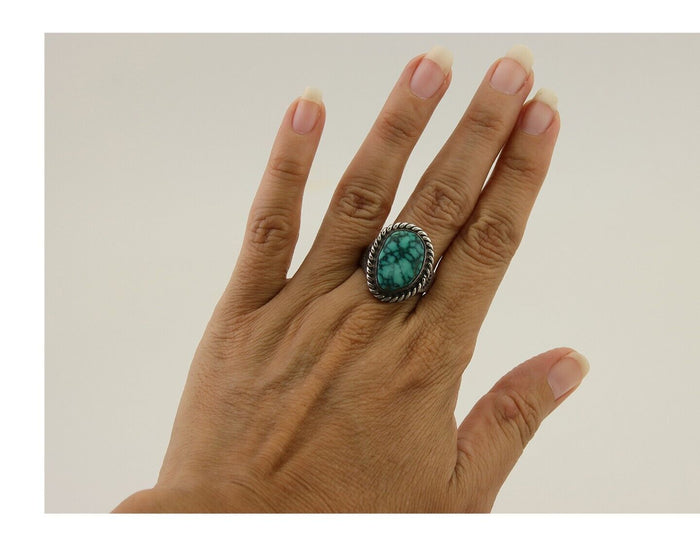 Navajo Ring 925 Silver Spiderweb Turquoise Signed Sunset C.80's