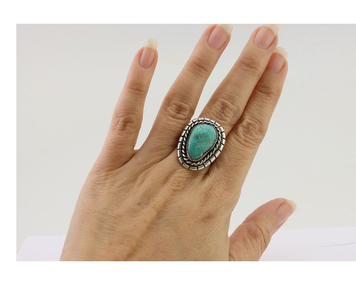 Navajo Ring 925 Silver Spiderweb Turquoise Signed William Denetdale 7.75 C.80's