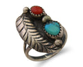 Navajo Ring 925 Silver Turquoise & Coral Artist Signed Moore C.80's