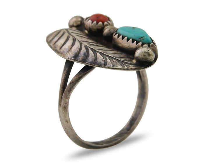 Navajo Ring 925 Silver Turquoise & Coral Artist Signed Moore C.80's