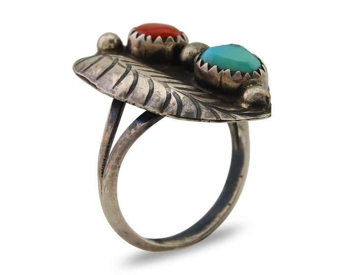 Navajo Ring 925 Silver Turquoise & Coral Artist Signed Moore C.80's