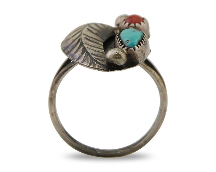 Navajo Ring 925 Silver Turquoise & Coral Artist Signed Moore C.80's