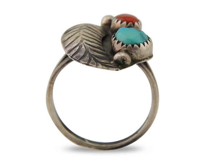 Navajo Ring 925 Silver Turquoise & Coral Artist Signed Moore C.80's