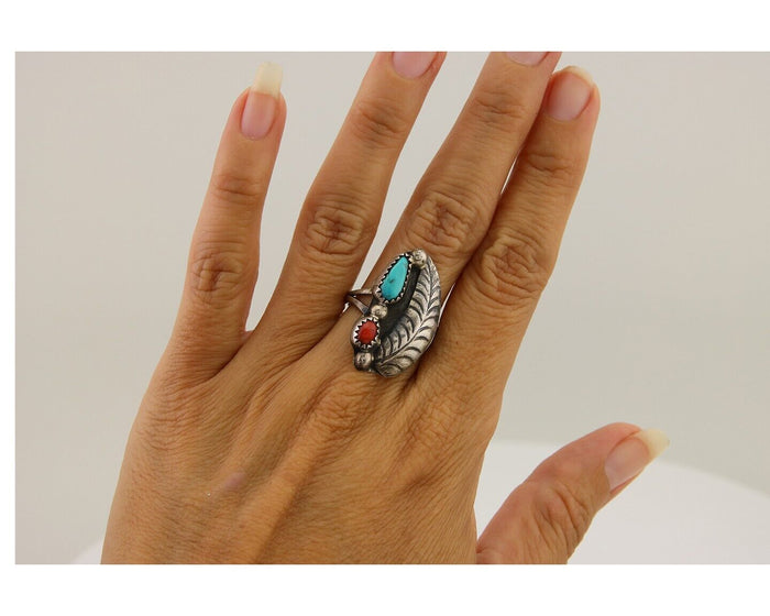 Navajo Ring 925 Silver Turquoise & Coral Artist Signed Moore C.80's