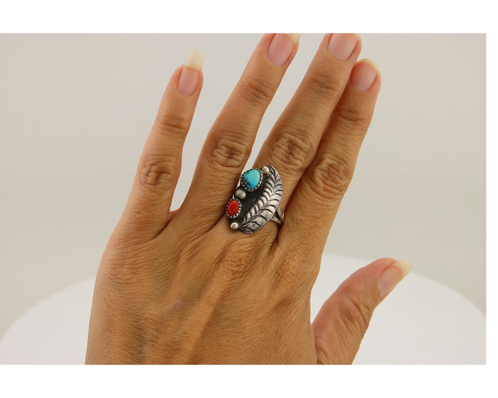 Navajo Ring 925 Silver Turquoise & Coral Artist Signed Moore C.80's