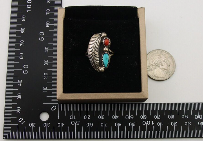Navajo Ring 925 Silver Turquoise & Coral Artist Signed Moore C.80's