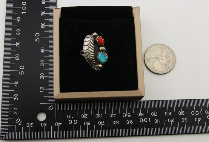 Navajo Ring 925 Silver Turquoise & Coral Artist Signed Moore C.80's