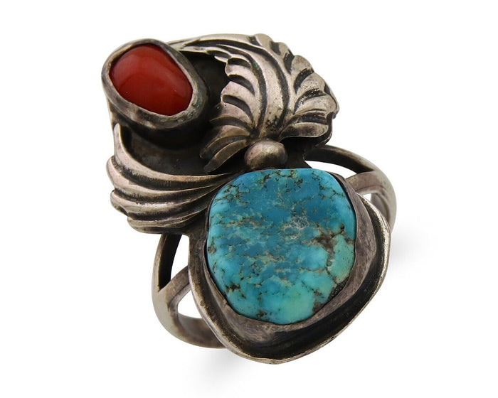 Navajo Ring 925 Silver Turquoise & Coral Artist Signed SB C.80's