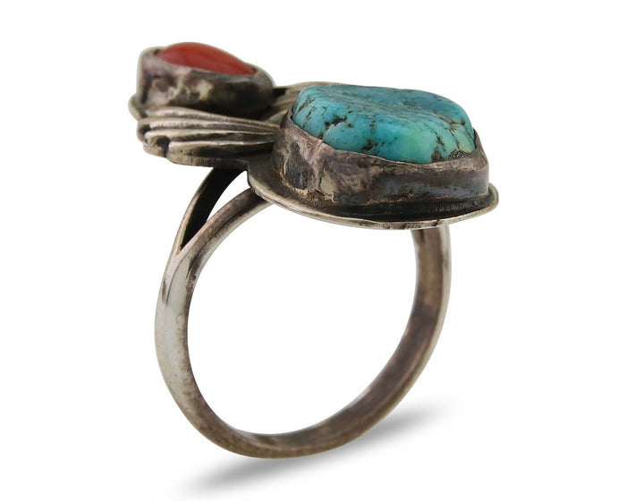 Navajo Ring 925 Silver Turquoise & Coral Artist Signed SB C.80's