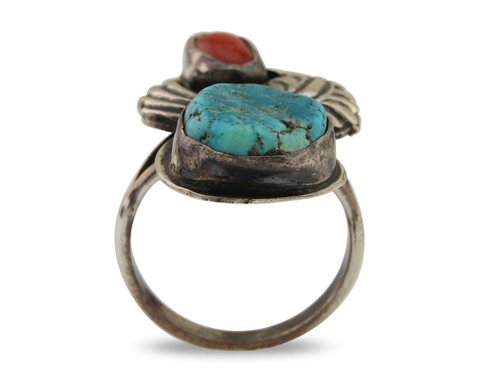 Navajo Ring 925 Silver Turquoise & Coral Artist Signed SB C.80's