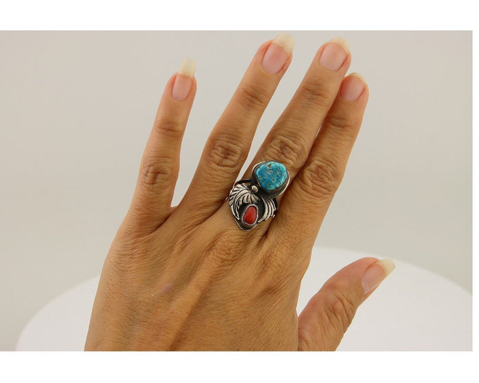 Navajo Ring 925 Silver Turquoise & Coral Artist Signed SB C.80's