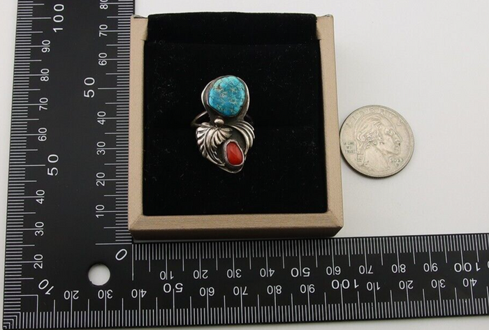 Navajo Ring 925 Silver Turquoise & Coral Artist Signed SB C.80's