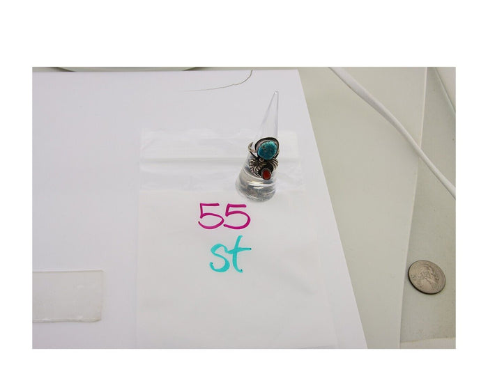 Navajo Ring 925 Silver Turquoise & Coral Artist Signed SB C.80's