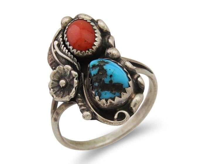 Navajo Ring 925 Silver Turquoise & Coral Artist Signed SC C.80's